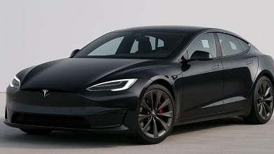 2025 Tesla Model S in front view with sleek design.
