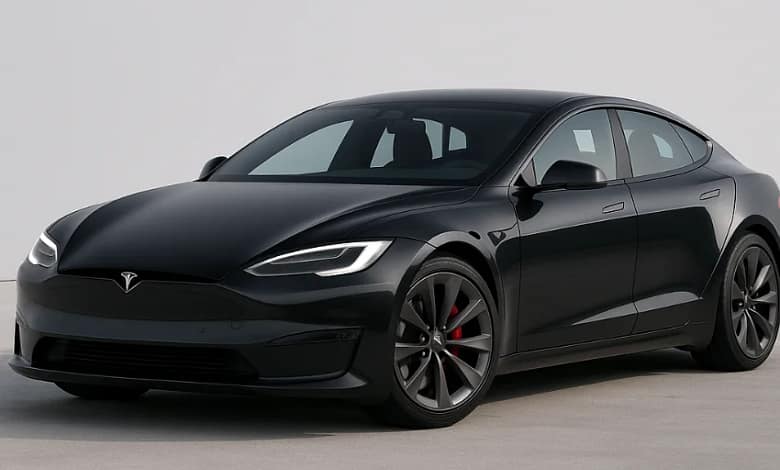 2025 Tesla Model S in front view with sleek design.