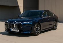 Front view of the 2023 BMW i7 parked outdoors in daylight.