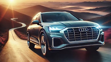 2025 Audi Q7 driving on a mountain road at sunset, showcasing its sleek design and LED headlights.