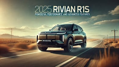 2025 Rivian R1S SUV on the road, showcasing its sleek design and powerful performance.