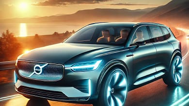 2025 Volvo EX90 electric SUV driving on a scenic highway at sunset, showcasing its sleek LED headlights, aerodynamic design, and modern luxury.