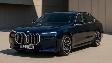 Front view of the 2023 BMW i7 parked outdoors in daylight.