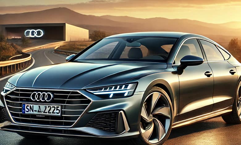 2025 Audi A7 luxury sedan with a sleek fastback design at sunset.