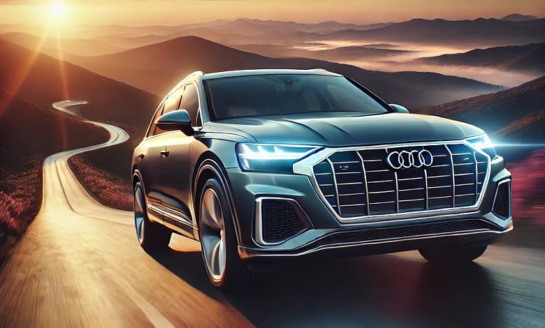 2025 Audi Q7 driving on a mountain road at sunset, showcasing its sleek design and LED headlights.