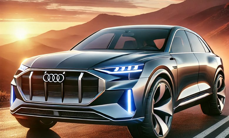 Audi Q8 SUV with sleek design, LED headlights, and sporty wheels on a mountain road at sunset.