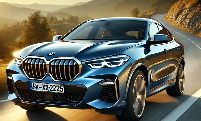 2025 BMW X6 in metallic blue on a mountain road at sunset, showcasing its bold grille, LED headlights, and sporty coupe-like design.