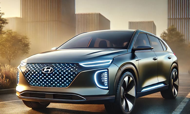 2025 Hyundai Ioniq 5, an electric SUV with a sleek design, pixelated lighting, and aerodynamic shape in a modern outdoor setting.