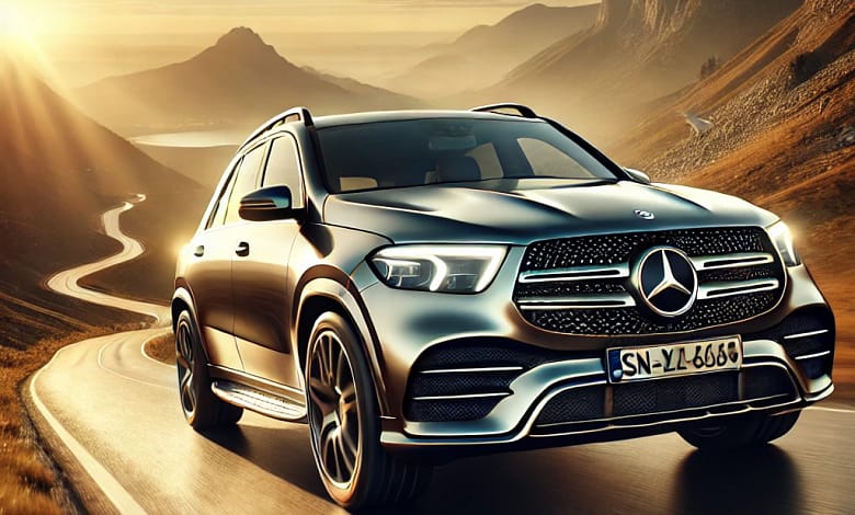 2025 Mercedes-Benz GLE-Class driving on a mountain road at sunset.