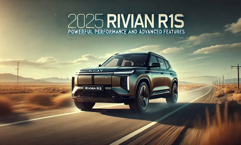 2025 Rivian R1S SUV on the road, showcasing its sleek design and powerful performance.
