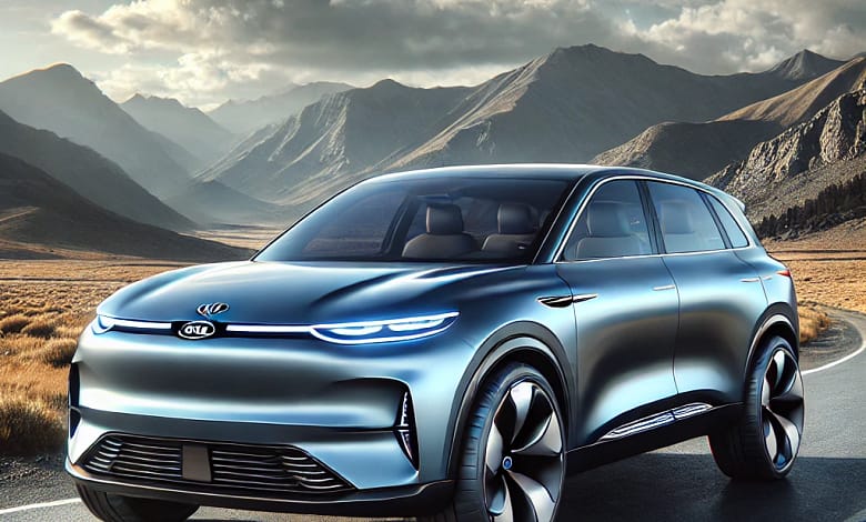 2026 Kia EV9 electric SUV parked on a scenic road with mountains in the background, featuring a sleek modern design and metallic blue color.
