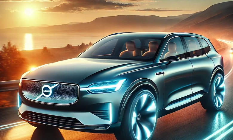 2025 Volvo EX90 electric SUV driving on a scenic highway at sunset, showcasing its sleek LED headlights, aerodynamic design, and modern luxury.
