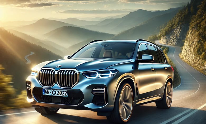 2025 BMW X5 on a mountain road at sunset, showcasing its sleek design.