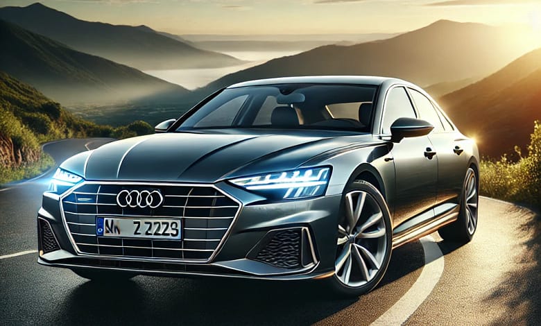 2025 Audi A6 sedan on a scenic mountain road at sunset.