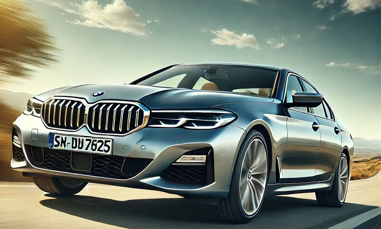 2025 BMW 5-Series sedan on a scenic road, showcasing its sleek design.