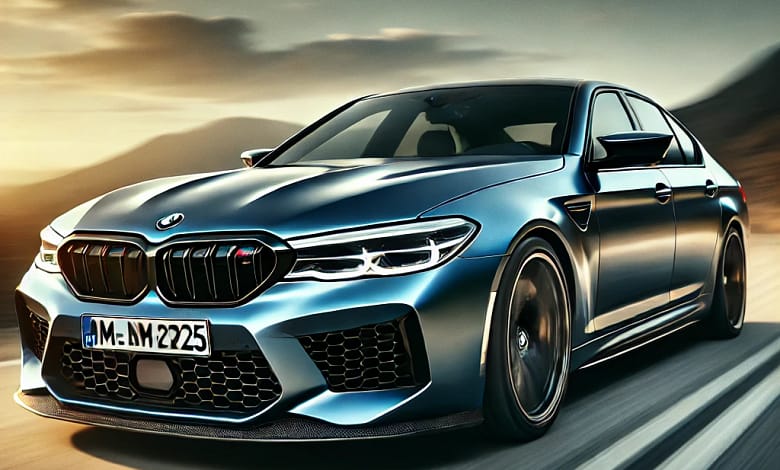 2025 BMW M5 sports sedan on a mountain road at sunset