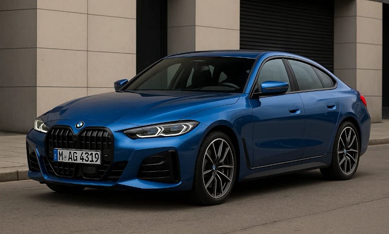 2025 BMW 4-Series Gran Coupe in blue, side front view.