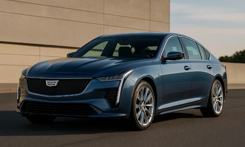 Front view of the 2025 Cadillac CT5 in silver, parked on a city street.