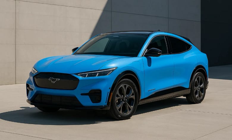 2025 Ford Mustang Mach-E in Grabber Blue parked beside a minimalist wall.