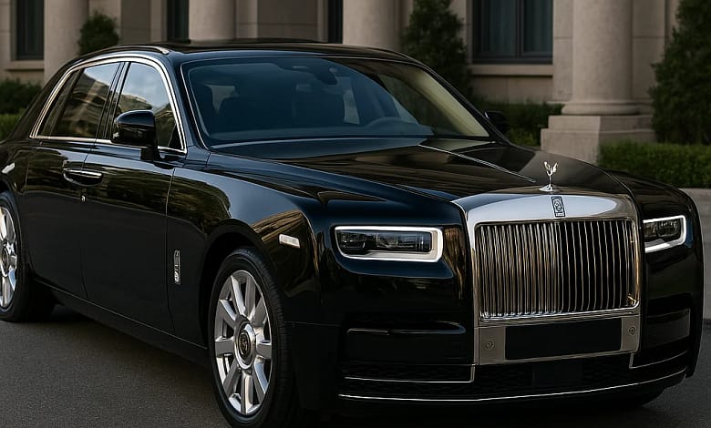Front view of the 2025 Rolls-Royce Phantom luxury sedan in a modern urban setting.