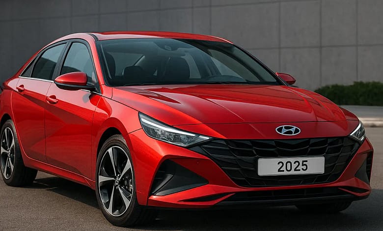 2025 Hyundai Elantra silver, futuristic grille, aerodynamic design.