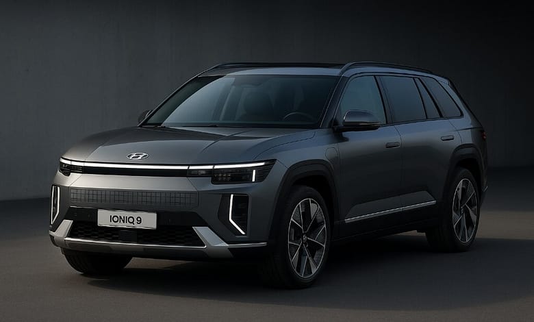 2026 Hyundai Ioniq 9 electric SUV in a futuristic urban setting.