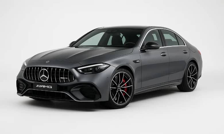 2025 Mercedes-AMG C63 S E Performance front view, grey color, parked outdoors.