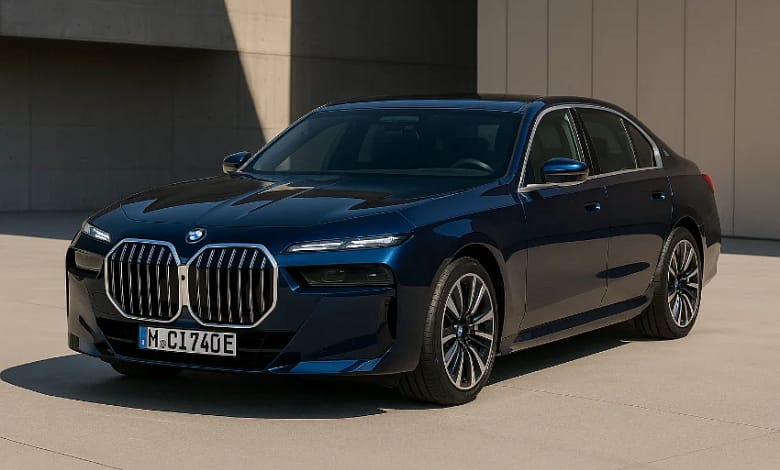 Front view of the 2023 BMW i7 parked outdoors in daylight.
