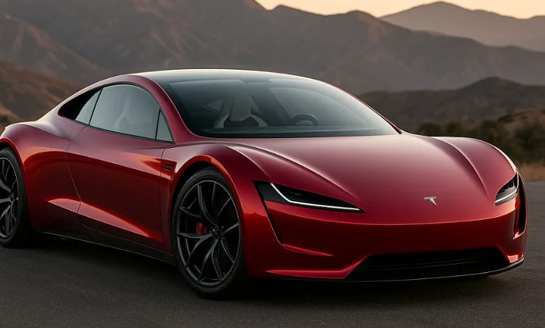 Red 2026 Tesla Roadster on mountain road at sunset.